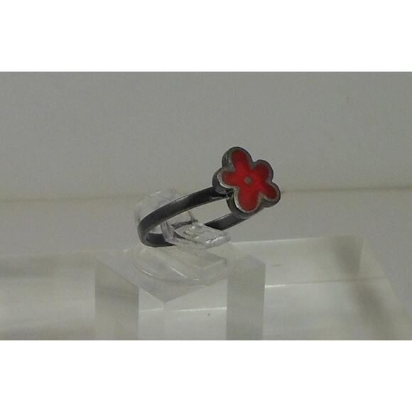 Fun Vibrant Red Flower Ring in Oxidized Sterling Silver - Size 8 - Enamel Resin - Picture 5 of 9